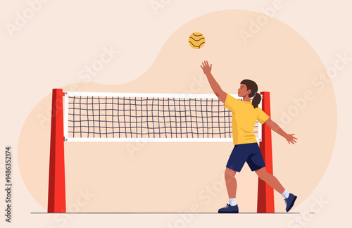 Young girl playing volleyball and jumping near the net indoors  