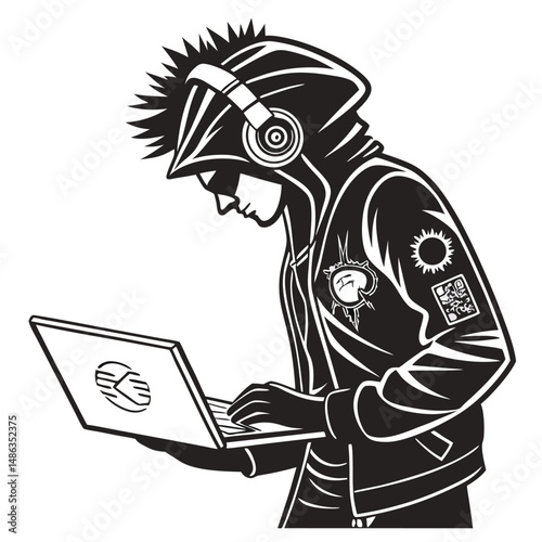 Computer hacker with laptop silhouette vector illustration
