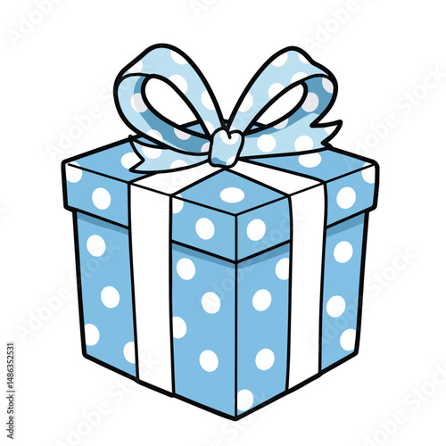 A blue gift box with white polka dots, wrapped with a matching polka-dotted blue ribbon and bow, on a white background.