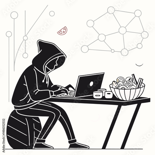 Computer hacker with laptop silhouette vector illustration
