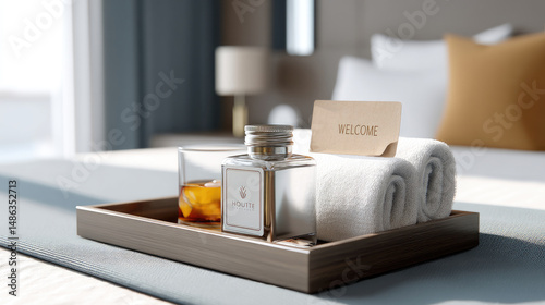 Cozy hotel room scene with a tray holding drinks, towels, & a welcome note