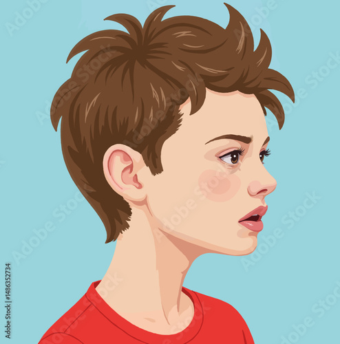 Young person with short hair in profile against a blue background  