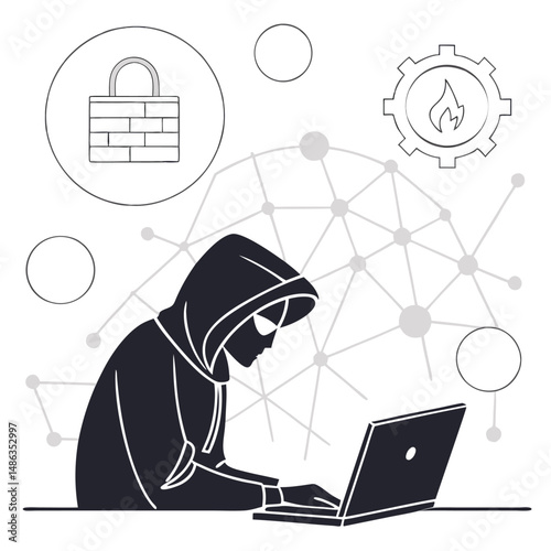 Computer hacker with laptop silhouette vector illustration
