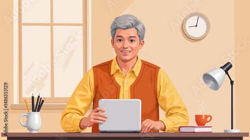 Elderly man smiling while using tablet at home desk in daytime  