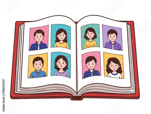 Open photo book displaying portraits of diverse smiling people  