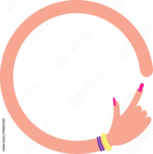Circular graphic line in the shape of a circle, in the shape of female arm with bracelets and hand with painted and large nails, to point and indicate information