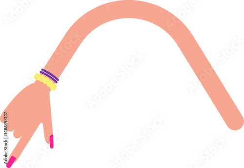 Curved graphic line, in the shape of a female arm with bracelets and hand with painted and large nails, changing direction, to point and indicate information in design