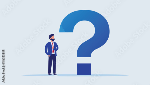 man standing in front of a large question mark symbol, wearing a suit, professional business setting, digital illustration
