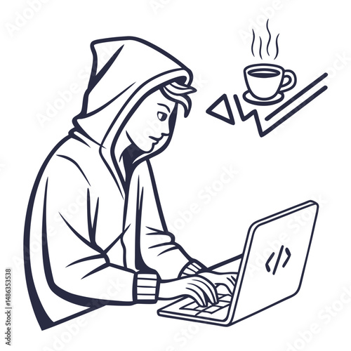 Computer hacker with laptop silhouette vector illustration
