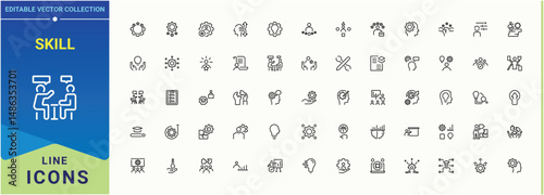 Skill icon set. Communication icon set. Minimalist icons collection. Contains such icons as creativity, communication, talent, solving and more. Editable vector.