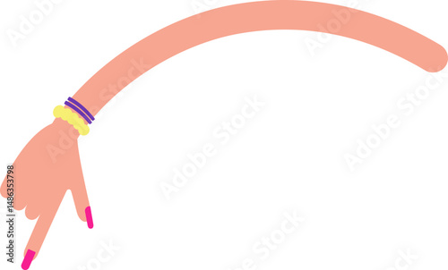 Curved graphic line, in the shape of a female arm with bracelets and hand with painted and large nails, to point out elements of the graphic composition
