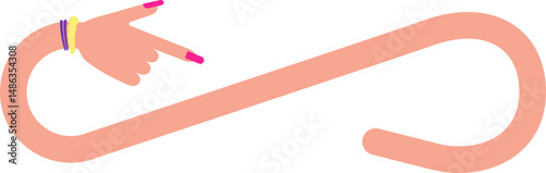 Curved graphic path, shaped like a female arm with bracelets and hand with painted and large nails, with a looped infinity shape