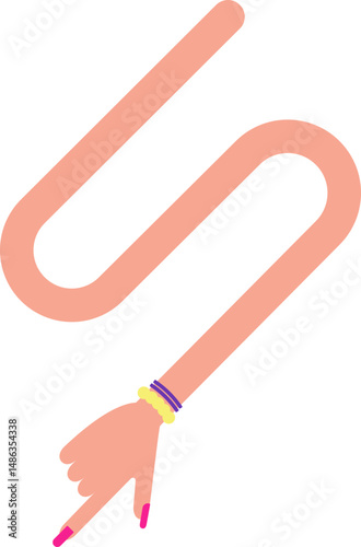 Wavy graphic line, with a curve like letter S, in the shape of a female arm with bracelets and hand with painted and large nails, to point out information in the design