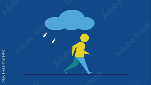 person walking in rain, rainy day, dark clouds, simplistic line art style, 3d render, minimal design, vector illustration
