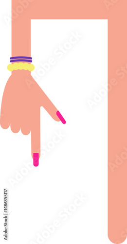 Straight graphic line with two corners returning, in the shape of a female arm with bracelets and hand with painted and large nails, to direct information in the design