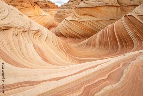 Natural rock formation with smooth, undulating sandstone waves in shades of red, orange, and yellow, creating a visually stunning geological landscape. generative ai