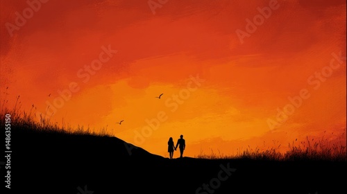 Silhouette Couple Holding Hands at Sunset