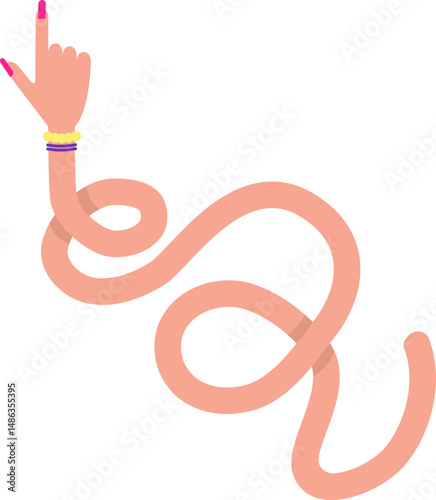 Curved graphic path, shaped like a female arm with bracelets and hand with painted and large nails, with a loop and sinuous curves