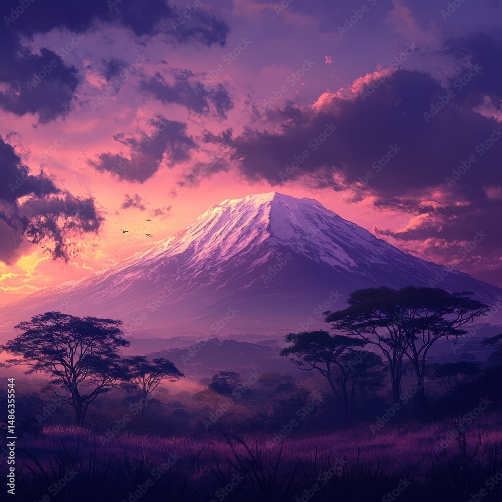 Obraz premium Snow capped mountain under a vibrant purple cloudy sky