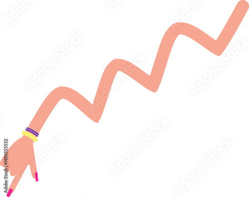 Wavy and zig zag graphic line with rounded corners, in the shape of a female arm with bracelets and hand with painted and large nails, to highlight elements of the graphic composition