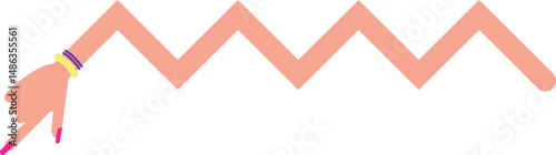 Zig zag graphic path, shaped like a female arm with bracelets and hand with painted and large nails, with straight line