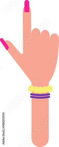 Short arm, in the shape of a female arm with bracelets and hand with painted and large nails, to direct information in the drawing