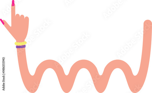 Wavy graphic line with two straight ends, in the shape of a female arm with bracelets and hand with painted and large nails, to highlight information in the drawing