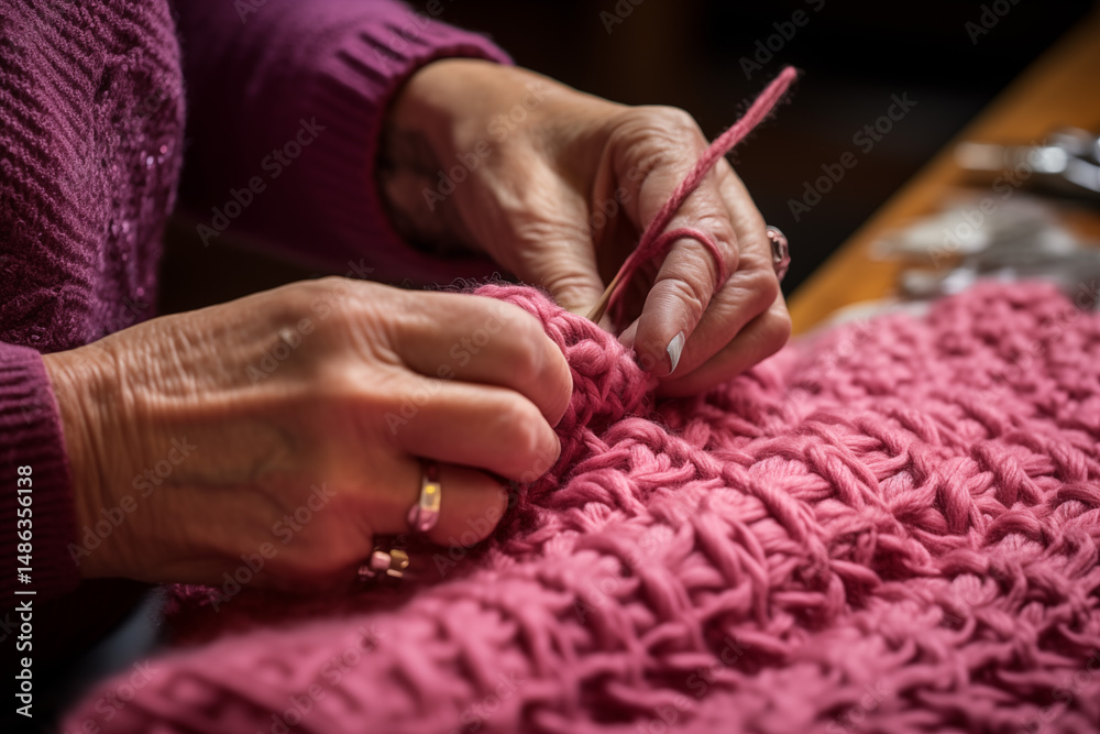 Obraz premium Women's hands gracefully crocheting with delicate yarns, showcasing the timeless beauty of handmade craft, the soothing motion, and the intricate details of traditional textile artistry.