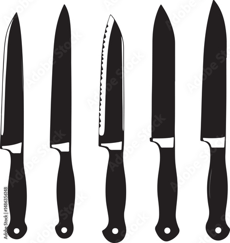 Black Silhouette Kitchen Knives Set: Chef, Utility, Bread, Paring