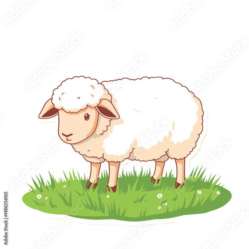 Cute Sheep Vector Sticker on a Green Grass Field