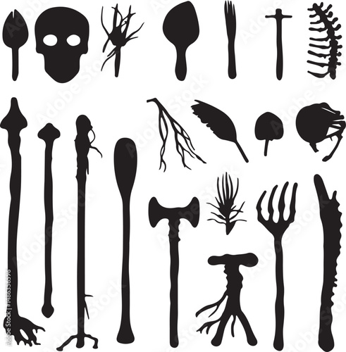 Black Silhouette Illustrations: Spooky Skull, Nature, Tools, Gothic Art