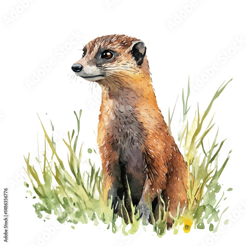 watercolor of Mongoose Alert In The Grass, vector high quality, isolated on a white background.