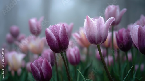 Tulips bathed in morning fog appearing mysterious and enchanting in soft muted colors
