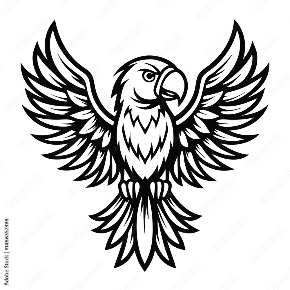 Fototapeta premium Striking Parrot Design with Open Wings, Black and White, Bird, Winged, Isolated, Tribal