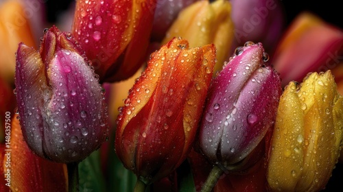 Tulips drenched in rainfall with droplets magnifying the vivid colors of each bloom
