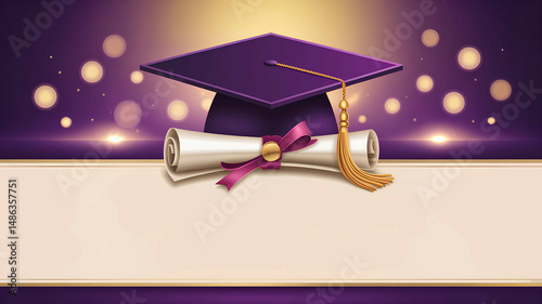 A purple and gold banner featuring a graduation cap and diploma, designed for graduation themes university or high school dedication or congratulation wish. Includes empty space for custom text. image