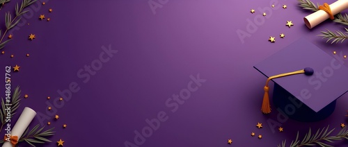 A purple and gold banner featuring a graduation cap and diploma, designed for graduation themes university or high school dedication or congratulation. Includes empty space for custom text. image