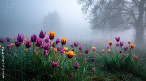 Tulips in a foggy landscape appearing dreamlike and ethereal