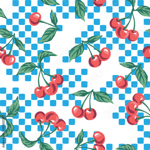 Red cherry seamless pattern, blue checkered background. Summer fruit wallpaper.