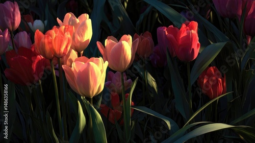 Tulips swaying gently under the soft evening glow of the sun casting long shadows