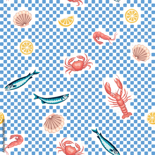 Sardines fish, lobster, crab, lemon, shell seamless pattern, blue checkered background. Summer sea print.