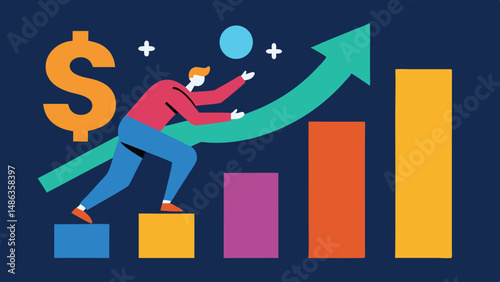 colorful, dynamic, stylized illustration of a person riding an arrow upwards along a growing bar graph, with dollar sign and cosmic elements, digital art
