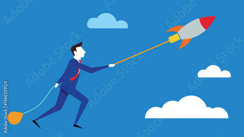 businessman in a suit using rocket propelled backpack, mid-air, fluffy clouds, bright sky, clean illustration, vector art
