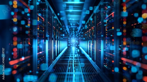 Wallpaper Mural A dark and mysterious data center. The blue lights of the servers are reflected on the floor. The atmosphere is cold and sterile. Torontodigital.ca