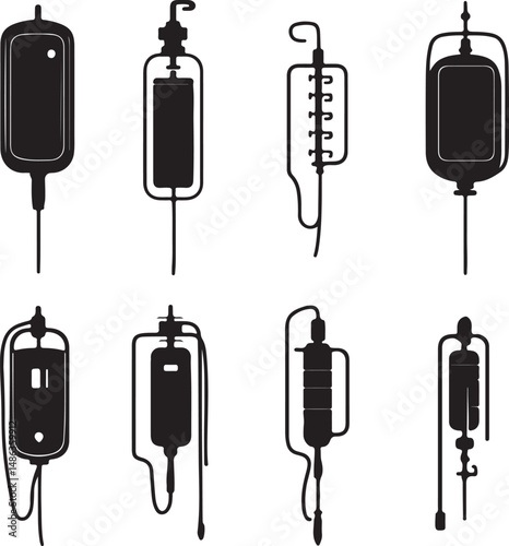 Medical IV Bags Silhouette Set: Healthcare Infusion Equipment