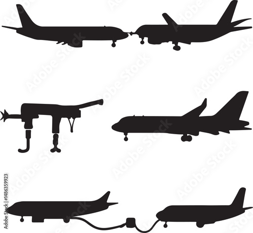 Airplane Silhouettes: Aircraft, Aviation, Flight, Black & White Vector Art