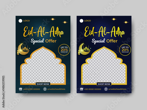 Eid promotion sale flyer, Eid Mubarak Sale Flyer Template, Eid sale label badge banner template design background, Eid sale promotion with fifty percent discount offer, editable flyer