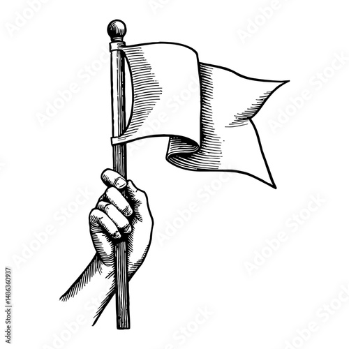Hand Holding a White Flag Surrender Concept in Black and White Outline Line Art Drawing