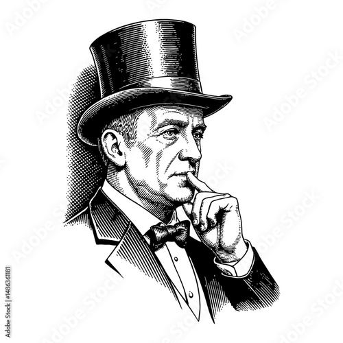 Gentleman in Vintage Suit and Top Hat with Finger on Lips Thinking Black and White Outline Line Art Drawing
