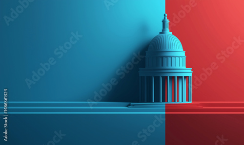 Stylized representation of a capitol building against a blue and red background, symbolizing political themes.